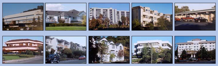 Photos of apartment buildings, office building, shopping cener and hotel.